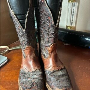 Boulet Western Boots Mens 7C Brown Tooled Leather Cowboy Square Toe Pull On